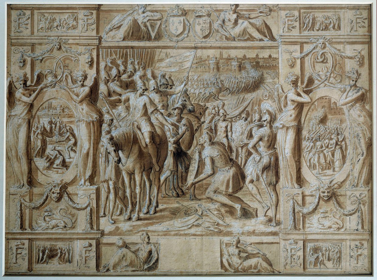 A Submissão de Milão As tropas de François I tomaram a cidade de Milão após a vitória na Batalha de Marignan em 1515. Desenho em caneta e lavagem por Antoine Caron (1521-1599) Paris do século XVI, Museu do Louvre de Antoine Caron