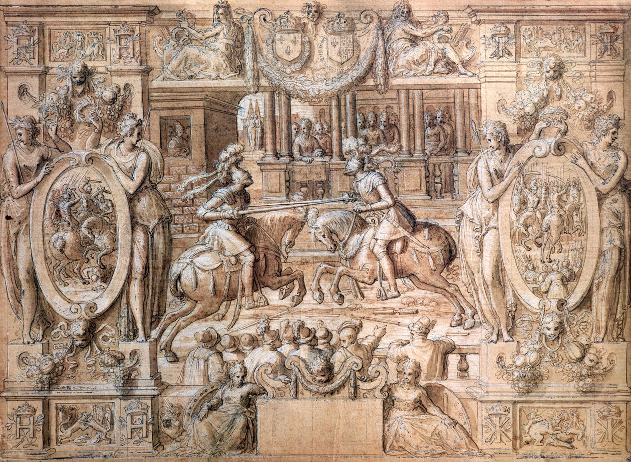Torneio na Ocasião dos Casamentos de Catarina de Médicis (1519-1589) e Henri II (1519-1559) em 1533 (caneta e no papel) de Antoine Caron