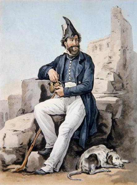 Um soldado barbudo (cor litho) de Antoine Charles Horace Vernet
