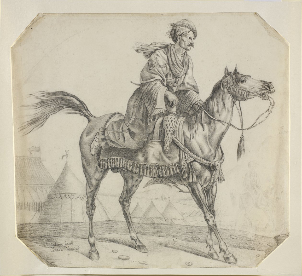 Um mameluco montando seu cavalo (giz preto no papel) de Antoine Charles Horace Vernet