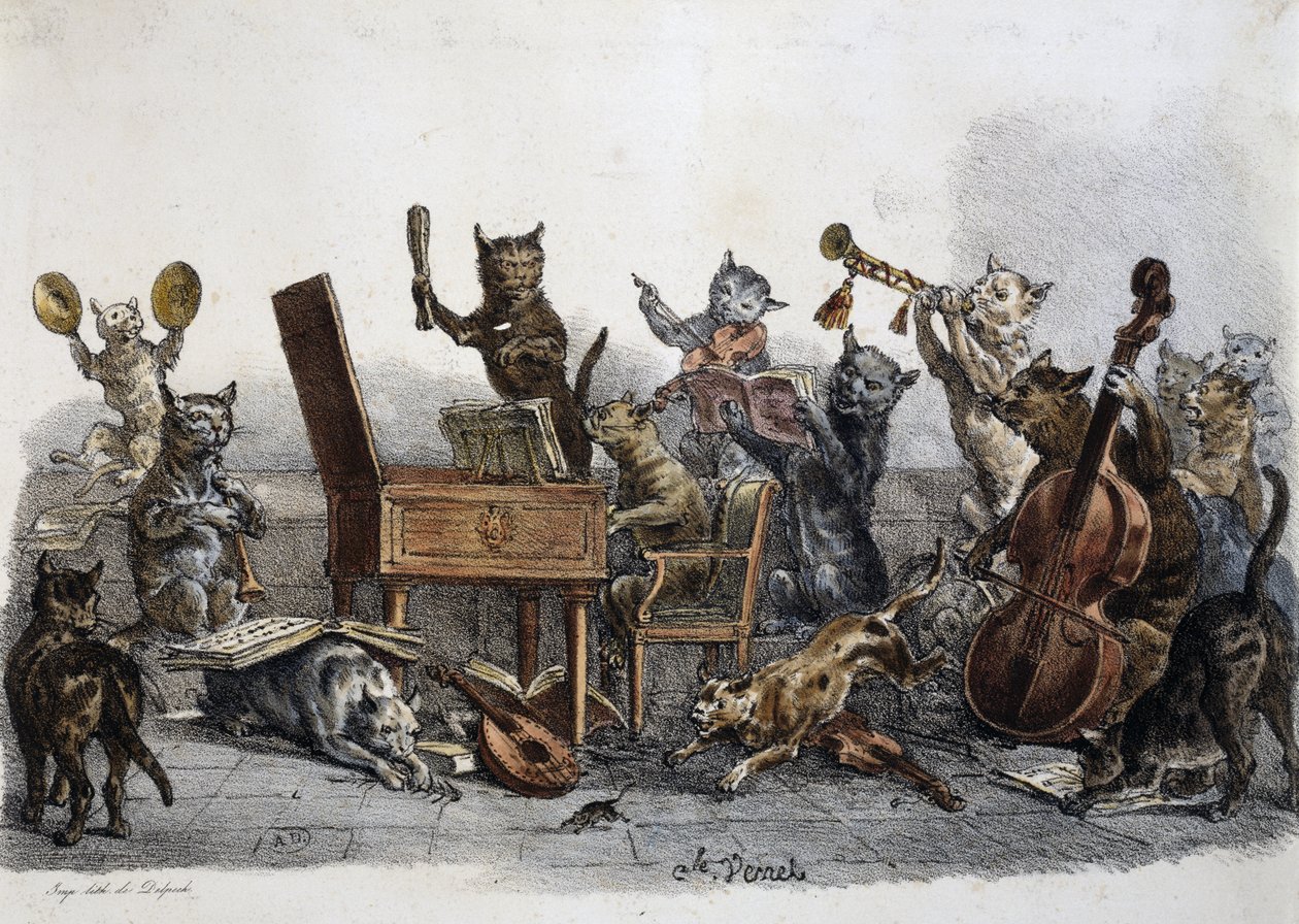 Um concerto amador, caricatura de gatos tocando instrumentos musicais, gravura de Carle Vernet (1758-1836), França de Antoine Charles Horace Vernet