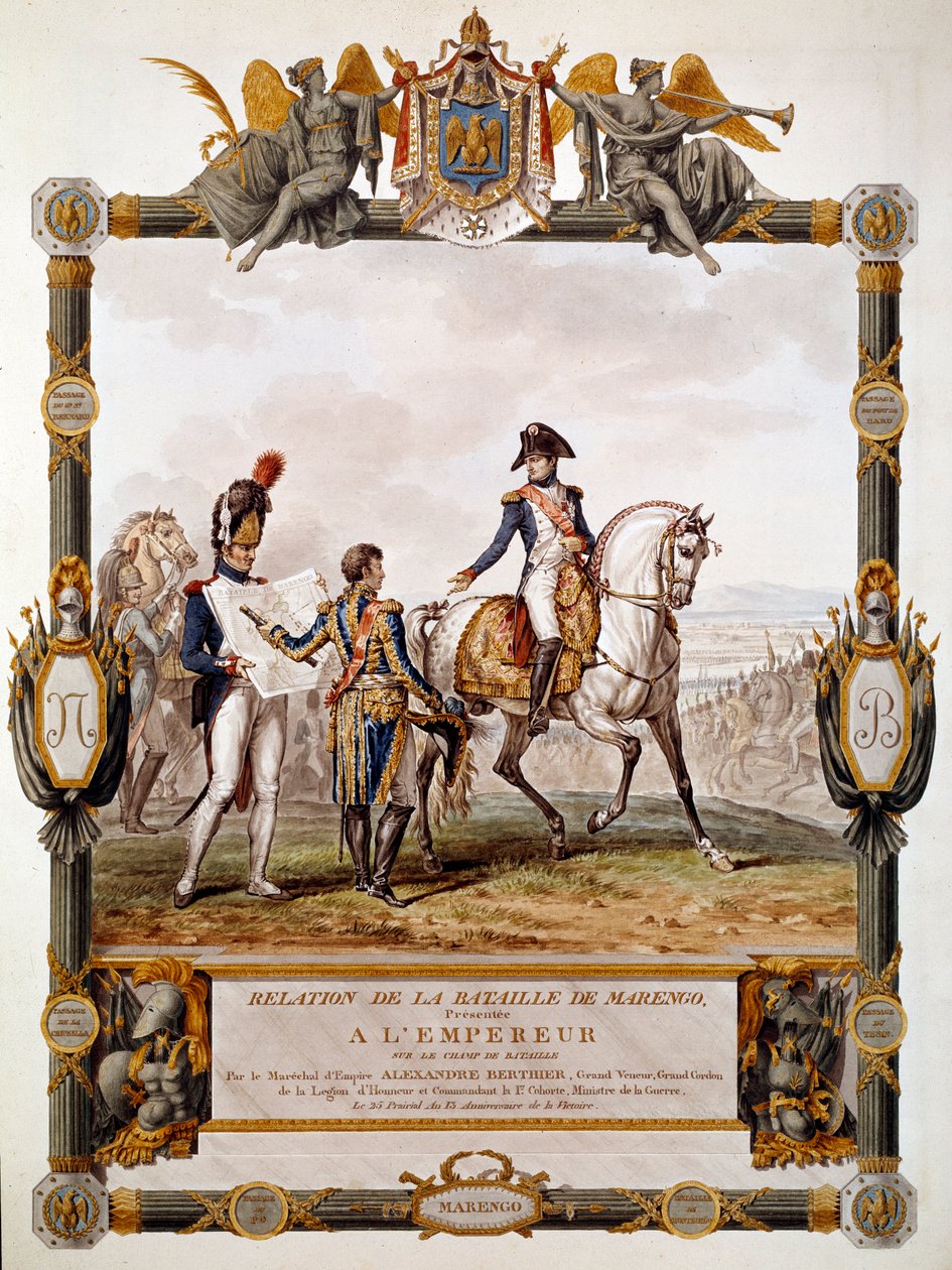 Frontispício da relação da Batalha de Marengo em 14 de junho de 1800: Marechal Berthier mostra a estratégia da batalha em Napoleão I. Ilustração de Antoine Dit Carle Vernet (1758-1836) de Antoine Charles Horace Vernet