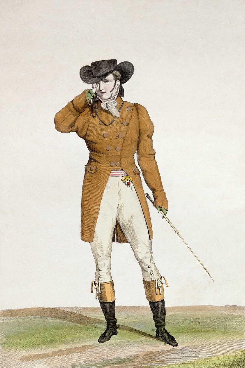 Um Dandy vestido com um chapéu em forma de barco, uma jaqueta de cor parda e calções de pele de gamo, placa 1 da série de placas de moda "Incroyable et merveilleuses", gravada por Georges Jacques Gatine (1773-183). de Antoine Charles Horace Vernet