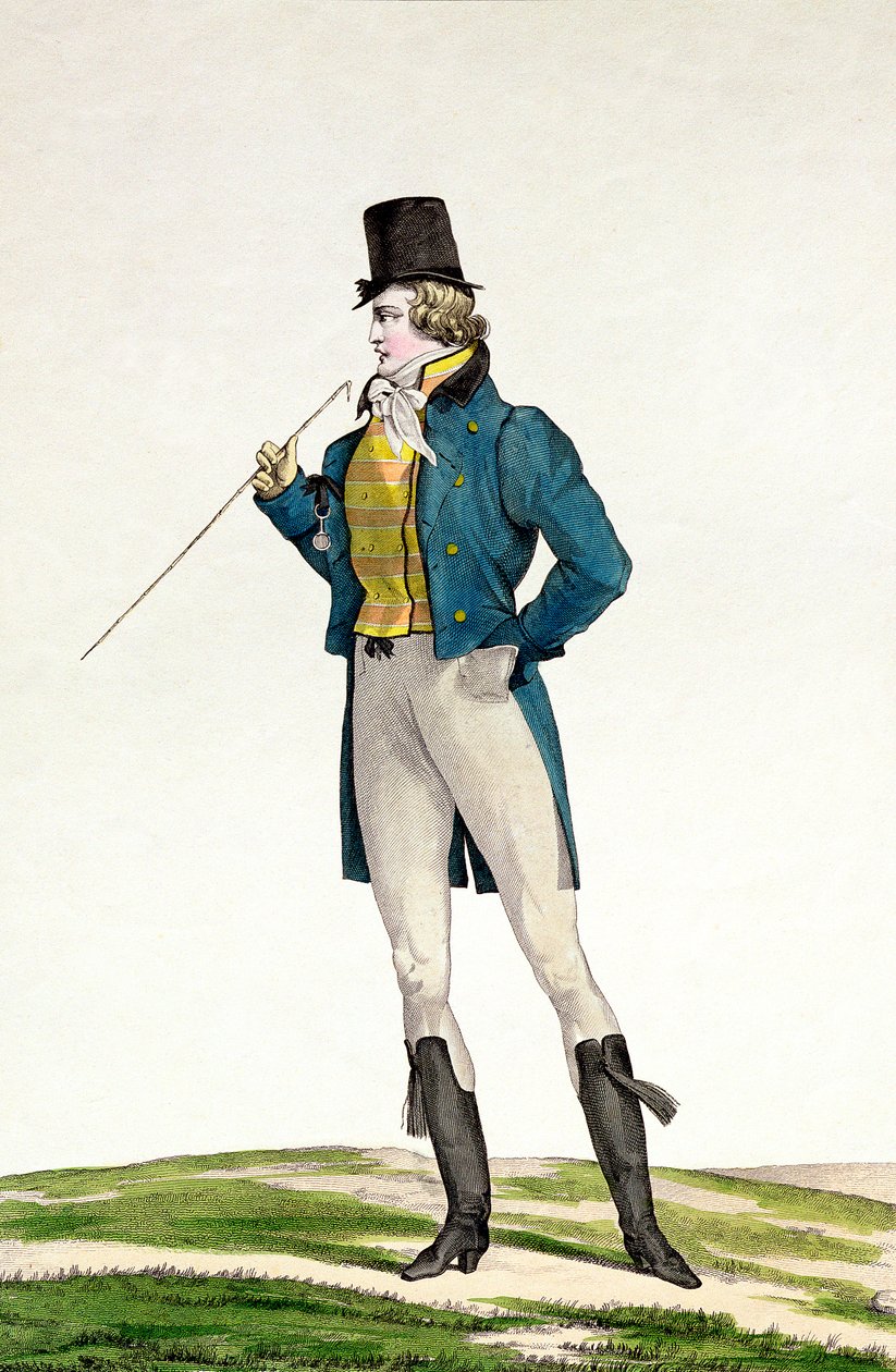 Um Dandy em um chapéu de Robinson, com cachos infantis, calças de malha e botas de montaria, placa 5 na série Incroyable et merveilleuse de placas de moda, gravada por Georges Jacques Gatine (1773-1831) de Antoine Charles Horace Vernet