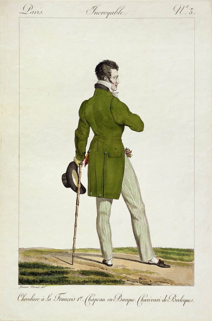 Um Dandy com um penteado &39;François I&39; e uma coleção de encantos e bugigangas, prato 3 na série de pratos de moda &39;Incroyable et merveilleuses&39;, gravada por Georges Jacques Gatine (1773-1831) pub de Antoine Charles Horace Vernet