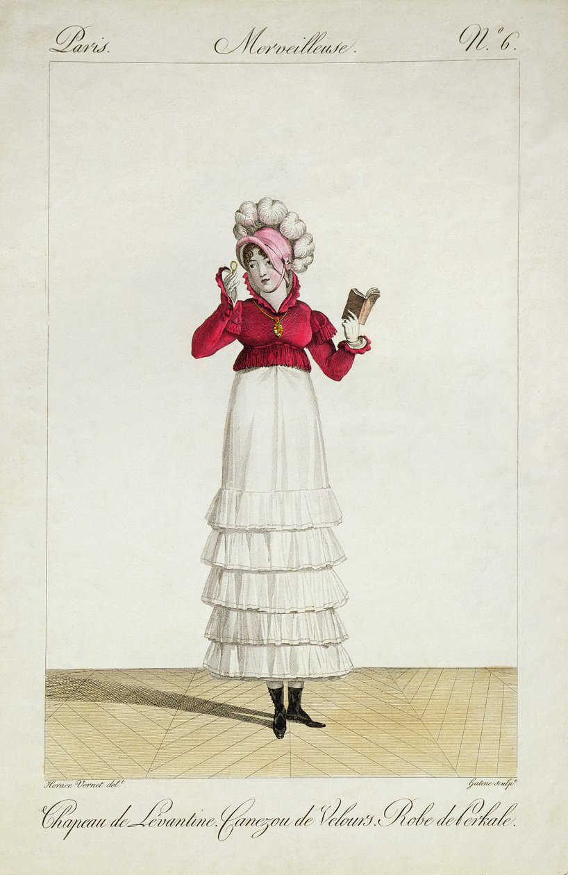 Uma senhora de chapéu levantino, uma saia em camadas e uma jaqueta de veludo, placa 6 da série de placas de moda "Incroyable et merveilleuse", gravada por Georges Jacques Gatine (1773-1831), publicada em 1797 de Antoine Charles Horace Vernet