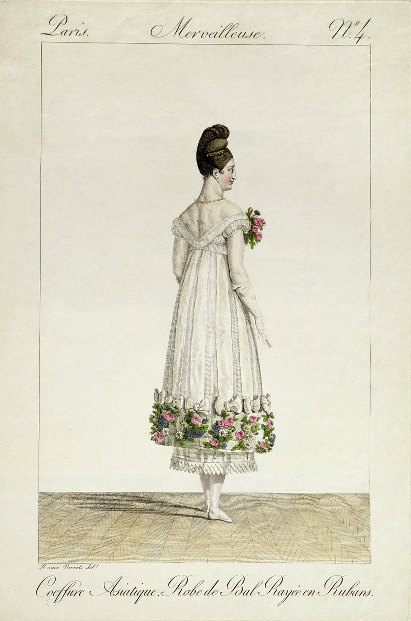Uma senhora com um penteado asiático em um balldress aparado com fitas, placa 4 da série de placas de moda &39;Incroyable et merveilleuse&39;, gravada por Georges Jacques Gatine (1773-1831) publicado 1 de Antoine Charles Horace Vernet