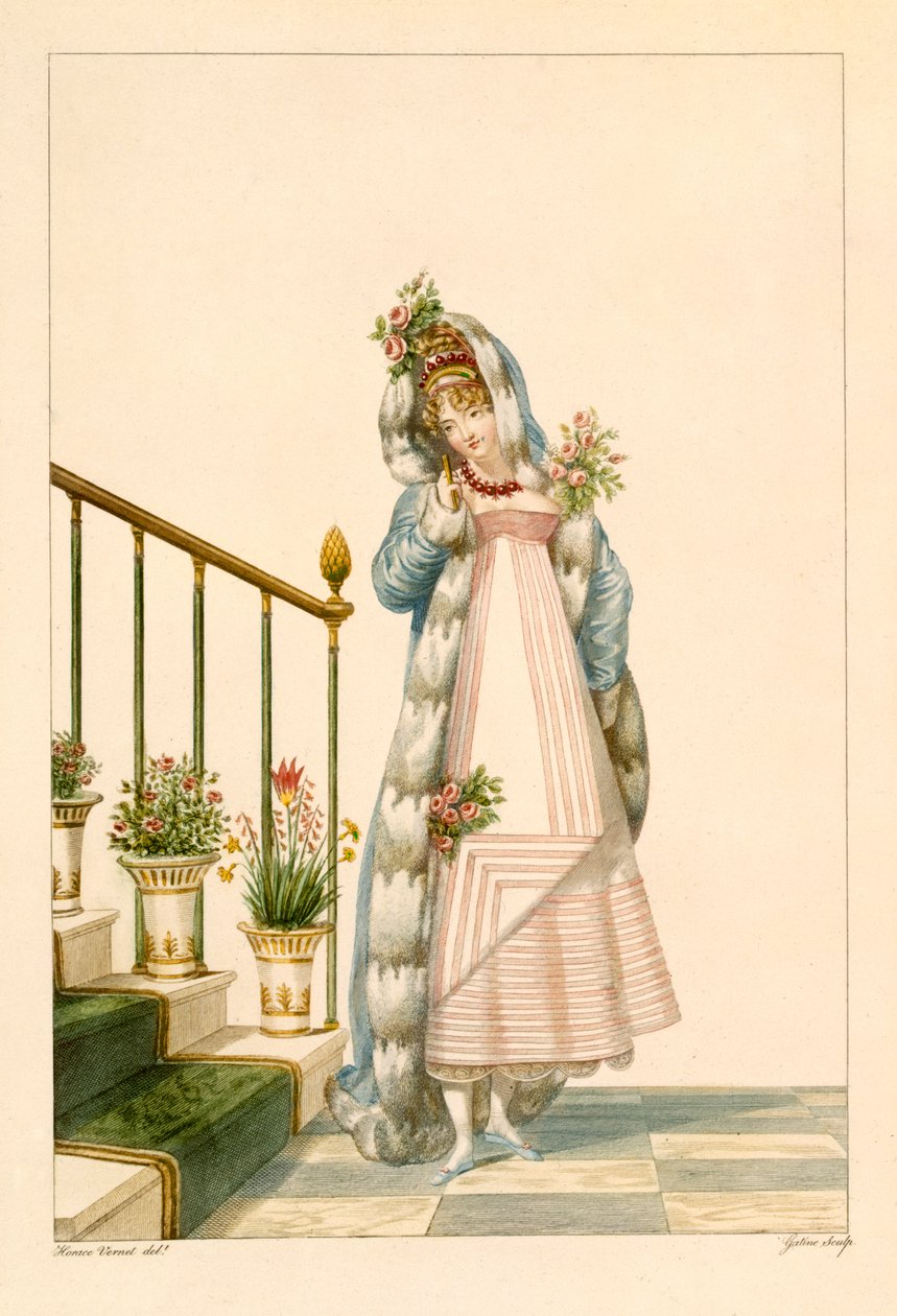Ballgown com cabo de arminho, ilustração de &39;Incrível e maravilhoso&39;, 1801 de Antoine Charles Horace Vernet