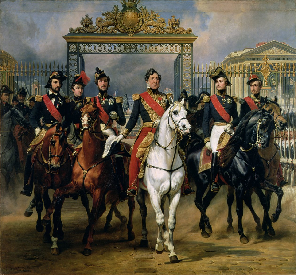 Rei Louis-Philippe (1773-1850) da França e seus filhos deixando o Chateau de Versailles a cavalo, em 1846 de Antoine Charles Horace Vernet