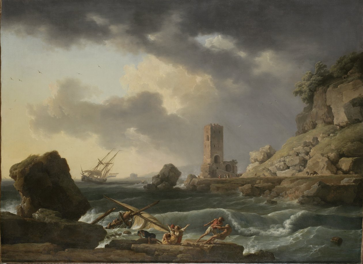 Paisagem costeira rochosa com naufrágio, 1746 de Antoine Charles Horace Vernet