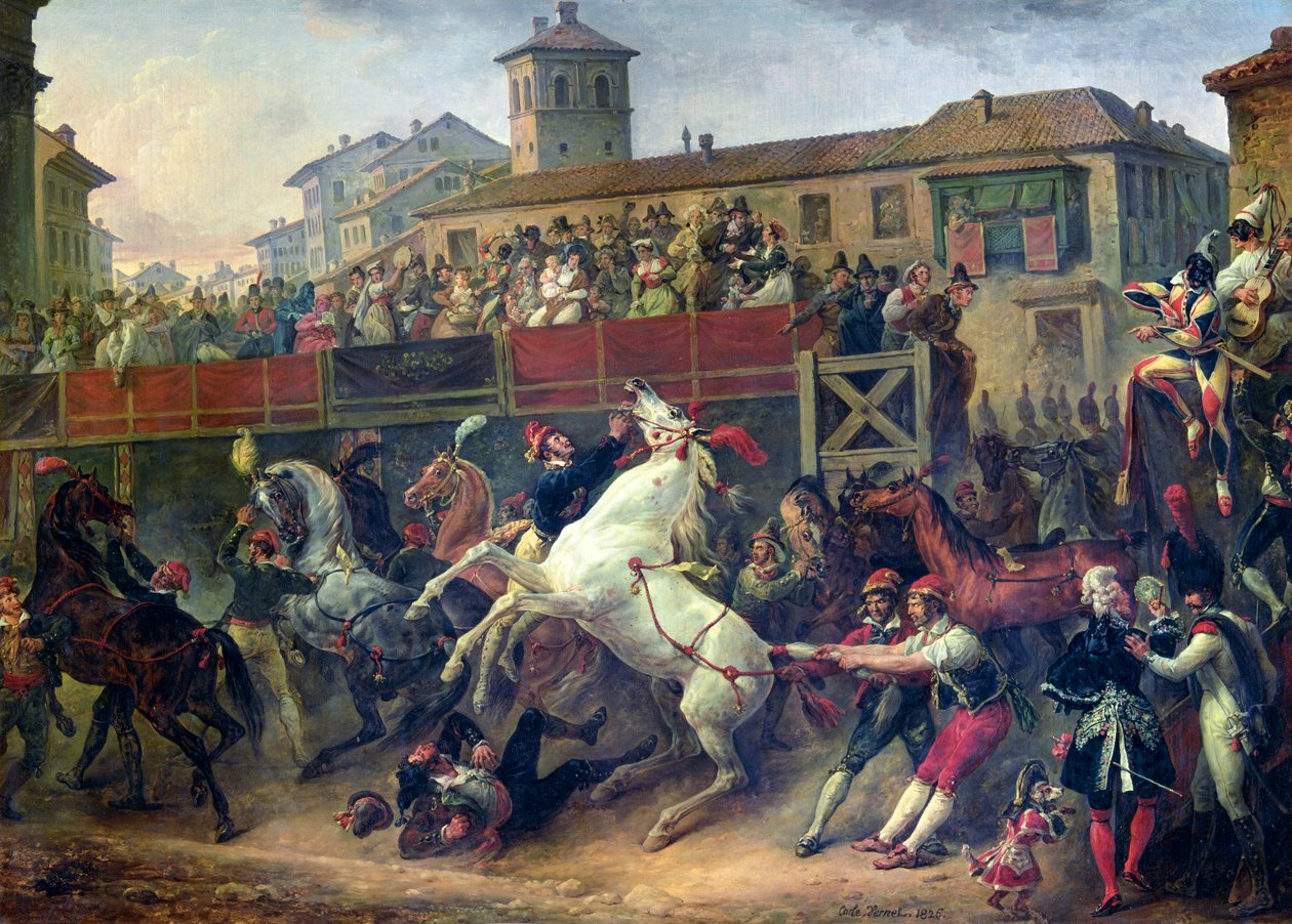 Cena de uma corrida de cavalos desmontada em Roma de Antoine Charles Horace Vernet