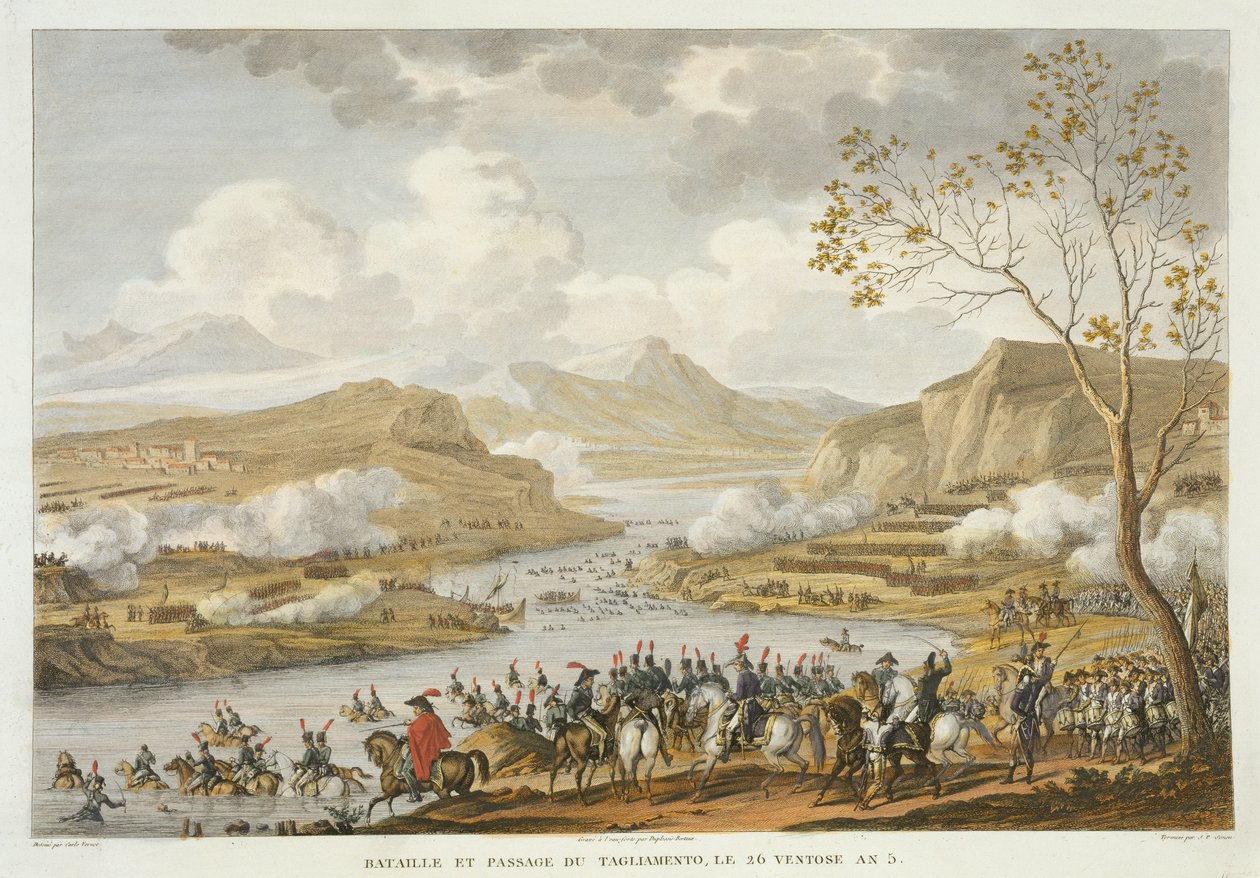 A Batalha e Travessia do Tagliamento, 26 Ventose, Ano 5 (março 1797), gravado por Jean Duplessi-Bertaux (1747-1819) (aquatint) de Antoine Charles Horace Vernet