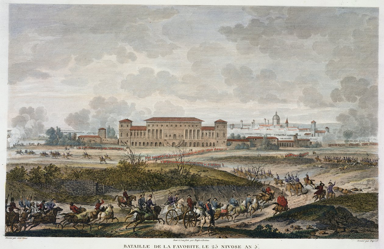A Batalha de La Favourite, 25 Nivose, Ano 5 (Janeiro 1797), gravado por Jean Duplessi-Bertaux (1747-1819) (aquatint) de Antoine Charles Horace Vernet