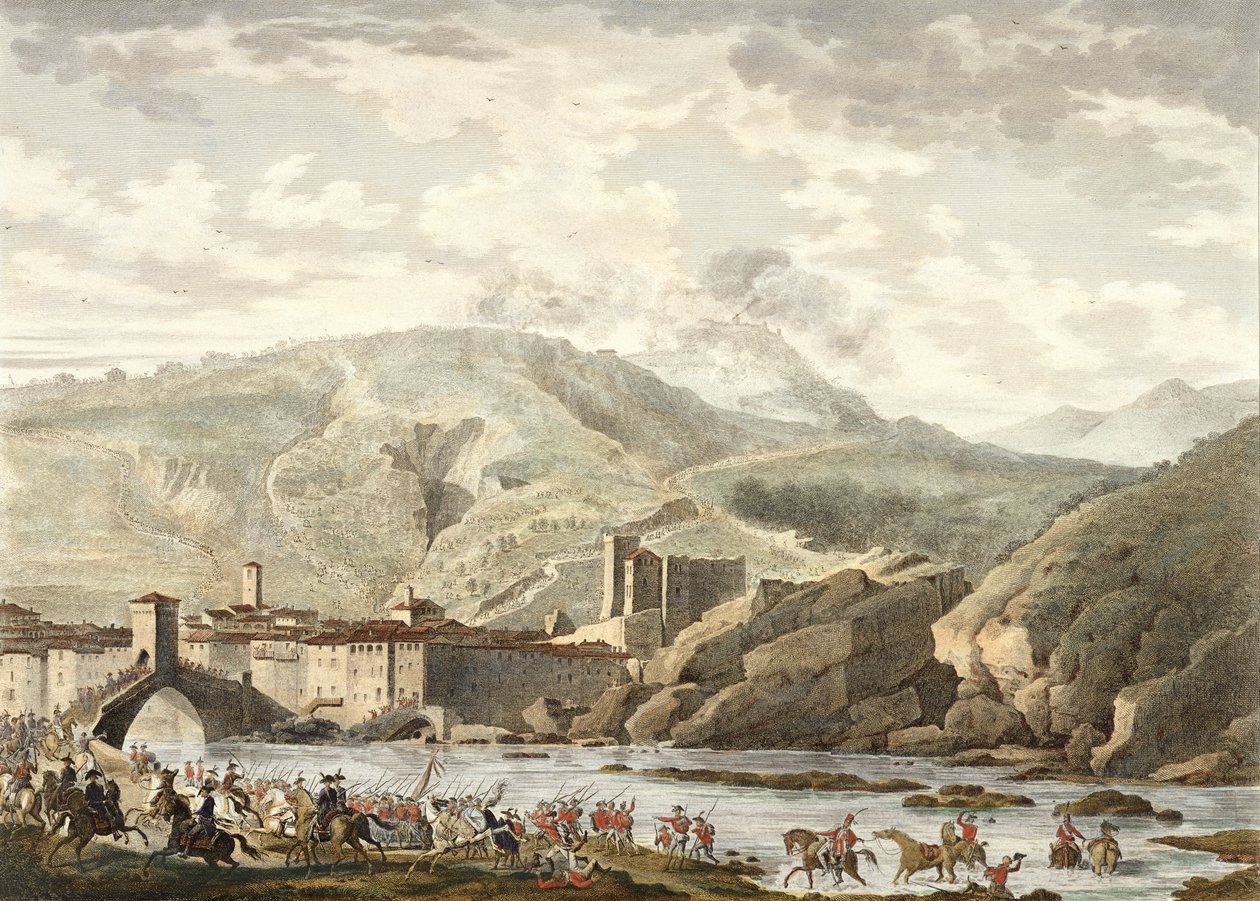 A Batalha de Millesimo, 25 Germinal, Ano 4 (abril de 1796), gravado por Jean Duplessi-Bertaux (1747-1819) (aquatint) de Antoine Charles Horace Vernet
