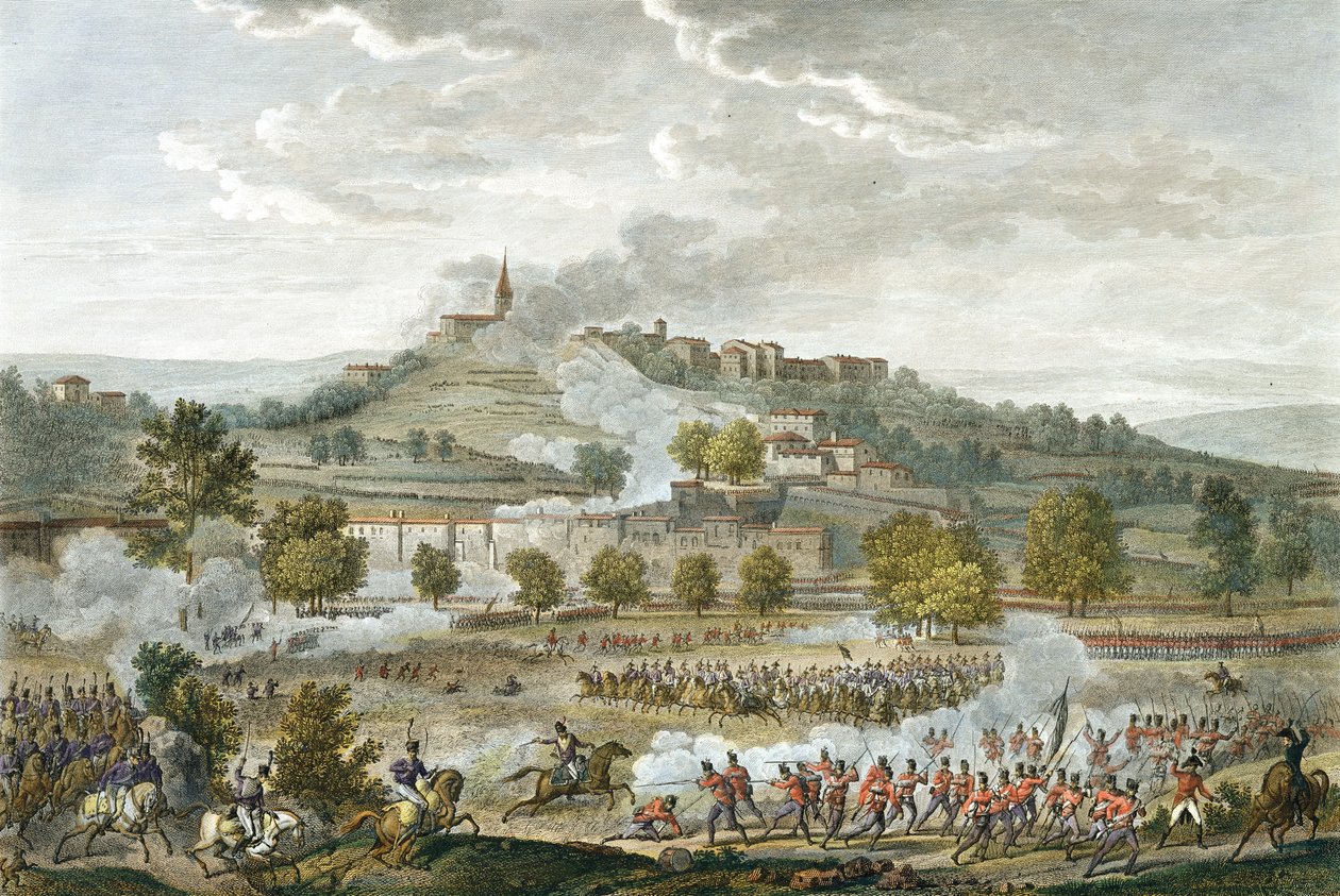 A Batalha de Montebello e Casteggio, 20 Prairial, Ano 8 (9 de junho de 1800), gravado por Jean Duplessi-Bertaux (1747-1819) (aquatint) de Antoine Charles Horace Vernet