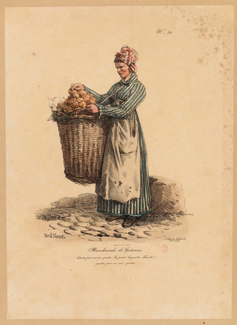 O vendedor de bolo, número 34 da série os gritos de Paris, gravada por Francois Seraphin Delpech (1778-1825) de Antoine Charles Horace Vernet