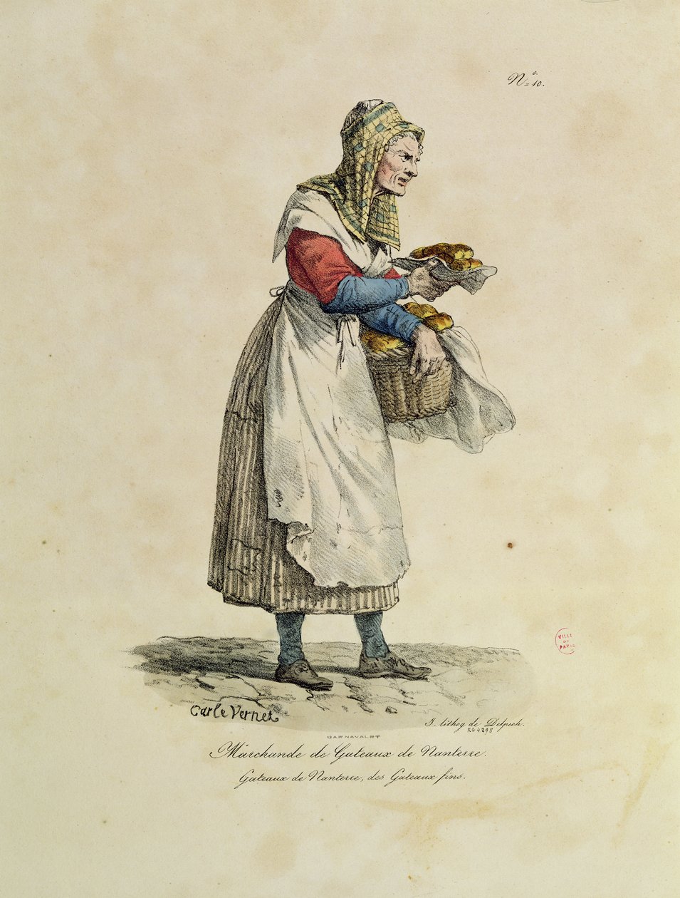 O vendedor de bolo de Nanterre, número 10 da série &39;Os gritos de Paris&39;, gravado por Francois Seraphin Delpech (1778-1825) (cor litho) de Antoine Charles Horace Vernet