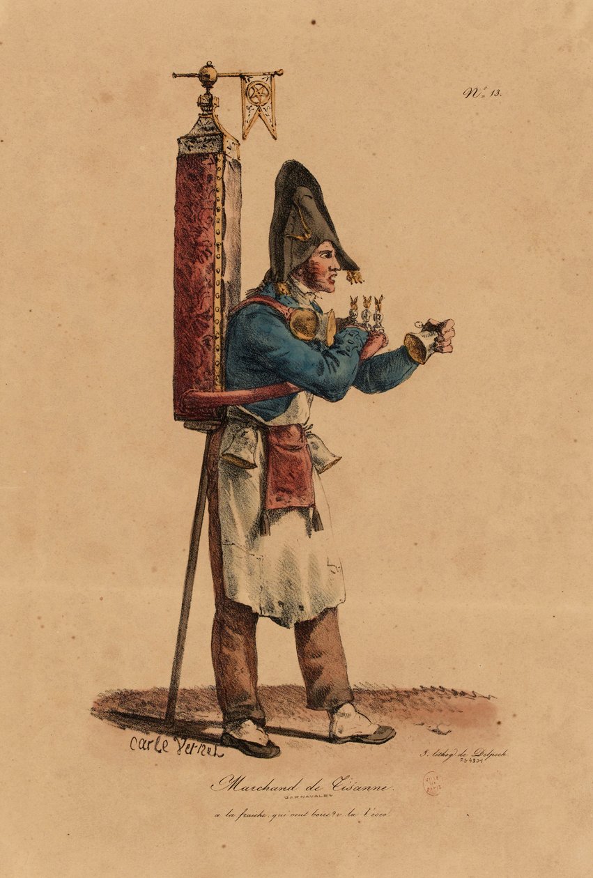 The Tisane Seller, número 13 da série Os Gritos de Paris, gravada por Francois Seraphin Delpech (1778-1825) de Antoine Charles Horace Vernet