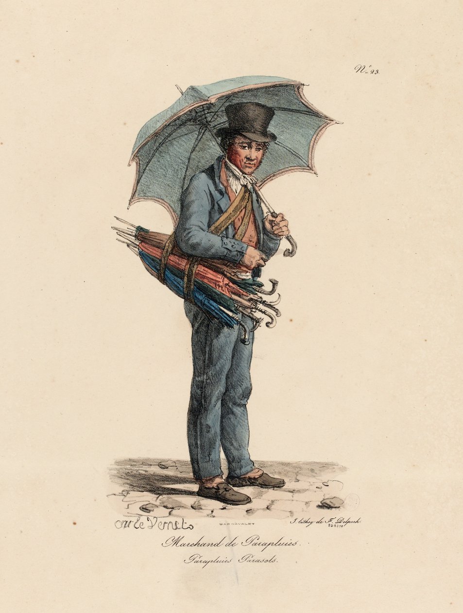 The Umbrella and Parasol Seller, número 23 da série Os Gritos de Paris, gravada por Francois Seraphin Delpech (1778-1825) de Antoine Charles Horace Vernet