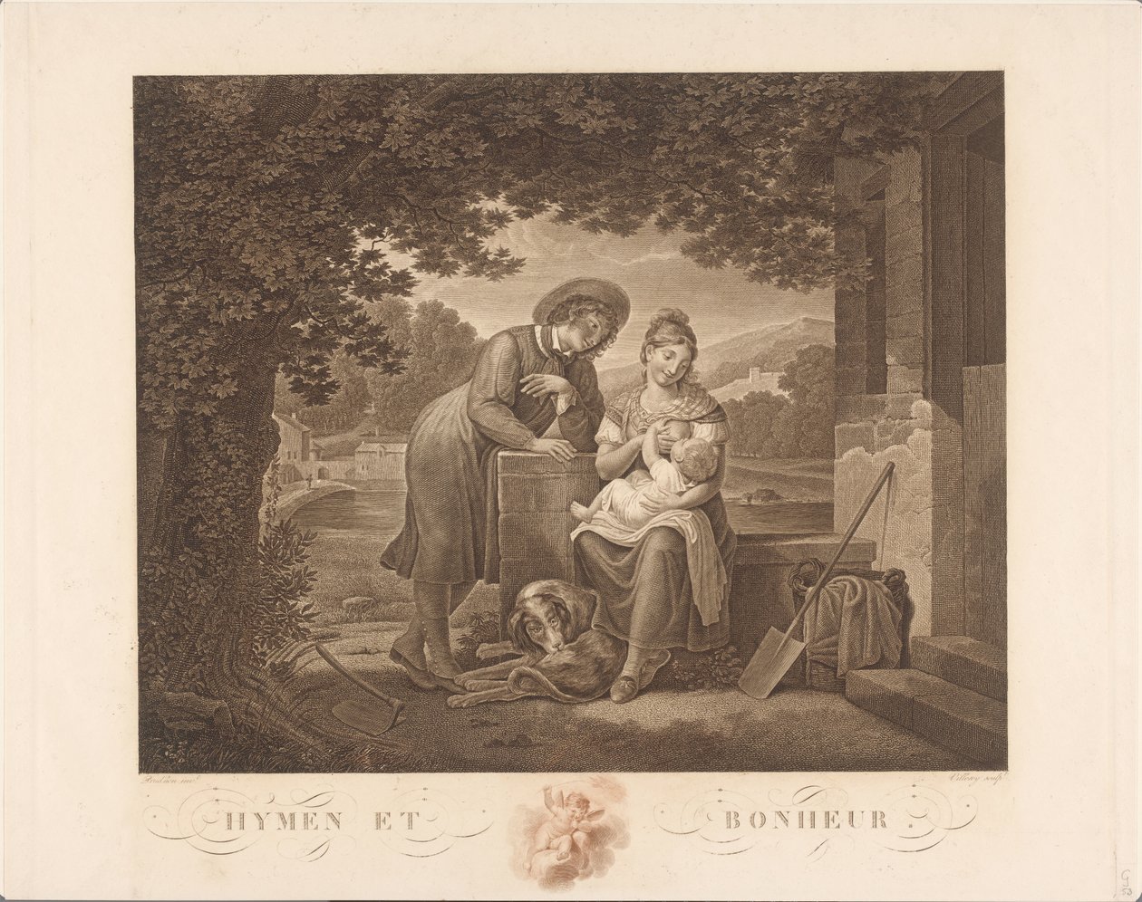 Família jovem com cachorro Hymen et Bonheur (título no objeto) de Antoine Claude François Villerey