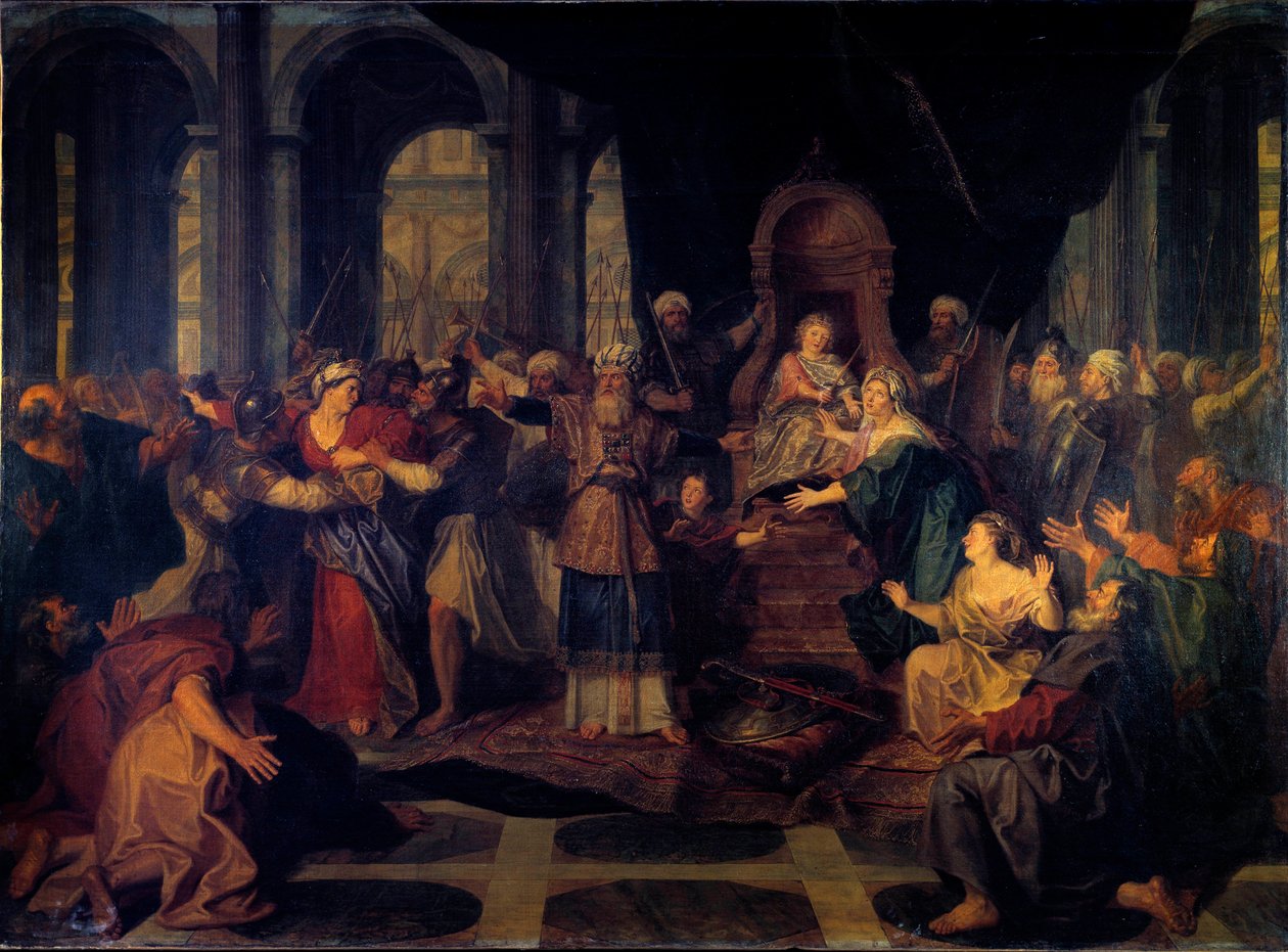 Atalia perseguida do Templo Atalia, esposa de Jorão, rei de Judá, permanece viúva e governa o reino abandonando a religião judaica. Pintura de Antoine Coypel (1661-1722) de Antoine Coypel