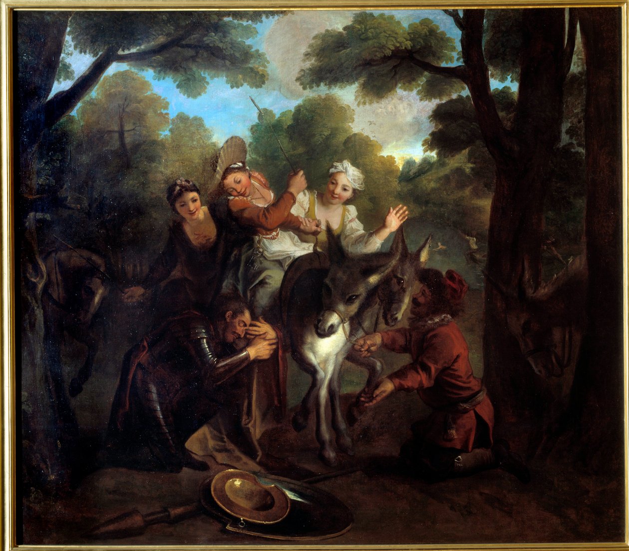 Dom Quixote faz batota por sancho e toma um camponês por dulcino. "O Engenhoso Cavalheiro Dom Quixote de La Mancha" de Miguel de Cervantes Saavedra (1547-1616). Pintura de Charles Antoine Coypel (1694-1752) de Antoine Coypel