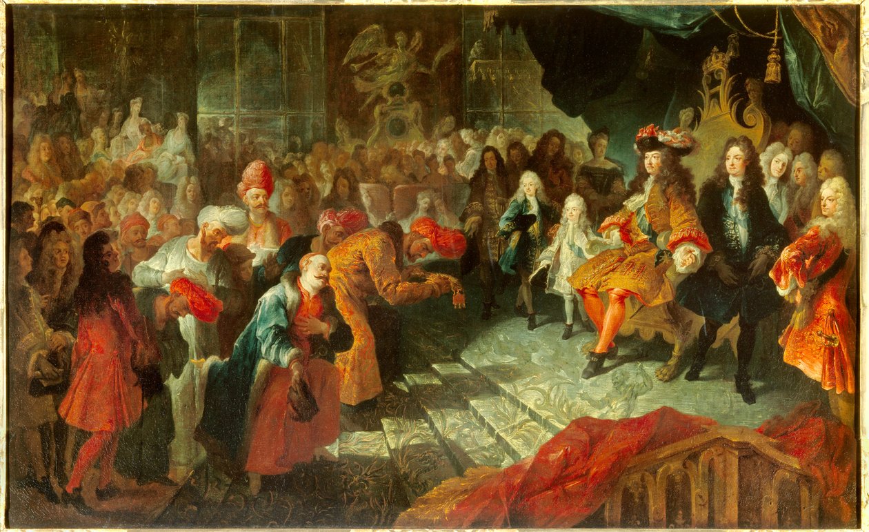 O Rei Luís XIV (1638-1715) recebe o Embaixador Extraordinário da Pérsia Mehemet Reza Bey (Raza-Bey) na galeria do sorvete em Versalhes em 19/02/1715 Pintura atribuída a Antoine Coypel (1661-1722) Sol. 0,7x1,5 m de Antoine Coypel