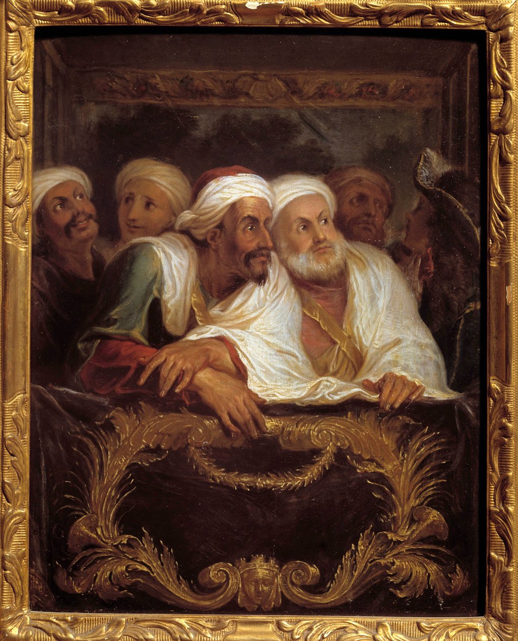 O embaixador marroquino Mohamed Temin assiste a um espectáculo num hotel da comédia italiana em Paris, em Fevereiro de 1682 Pintura de Antoine Coypel (1661-1722) Sol do século XVII. 0,28x0,22 m de Antoine Coypel