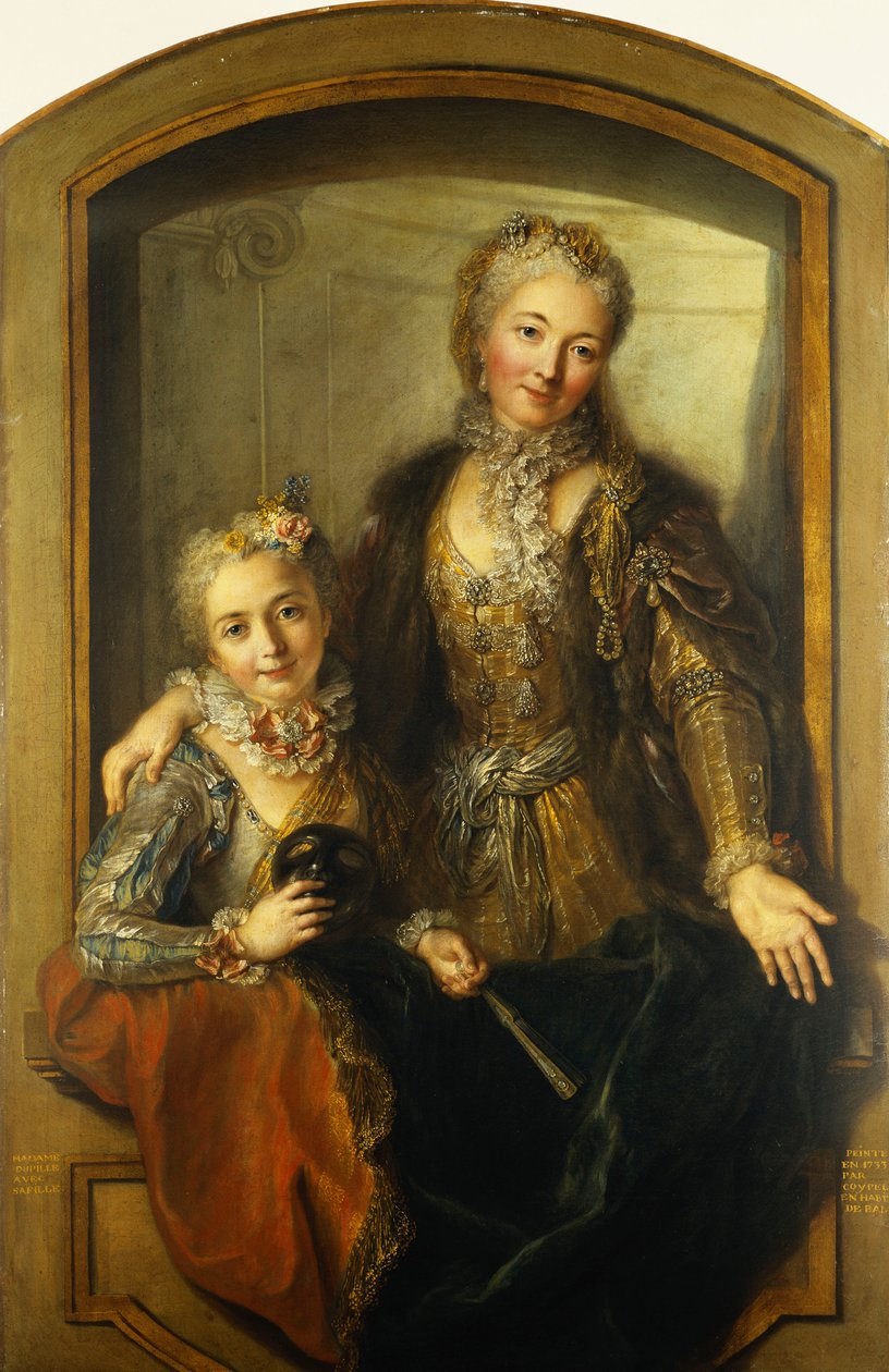 Retrato de Madame Dupille e sua filha, corpo médio, vestida com vestidos de baile em uma janela, 1733 de Antoine Coypel
