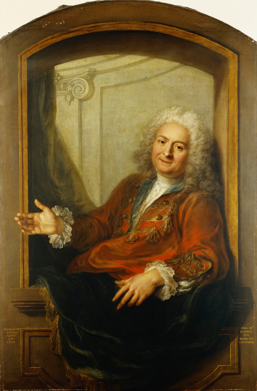 Retrato de Monsieur Dupille, no meio do corpo, com um roupão sentado à beira de uma janela, 1733 de Antoine Coypel