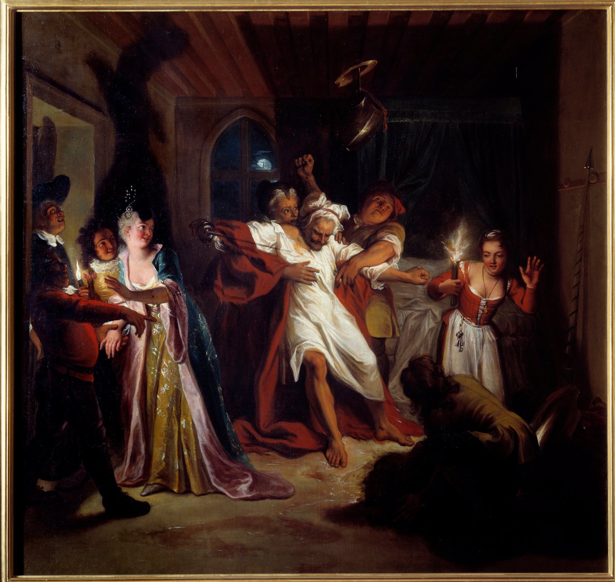 Dormir Dom Quixote luta com as peles. "O Engenhoso Cavalheiro Dom Quixote de La Mancha" de Miguel de Cervantes Saavedra (1547-1616). Pintura de Charles Antoine Coypel (1694-1752), entre 1716. Óleo sobre tela. Dim: 1,23 x 1,28m. Compiegne, Musee National de Antoine Coypel