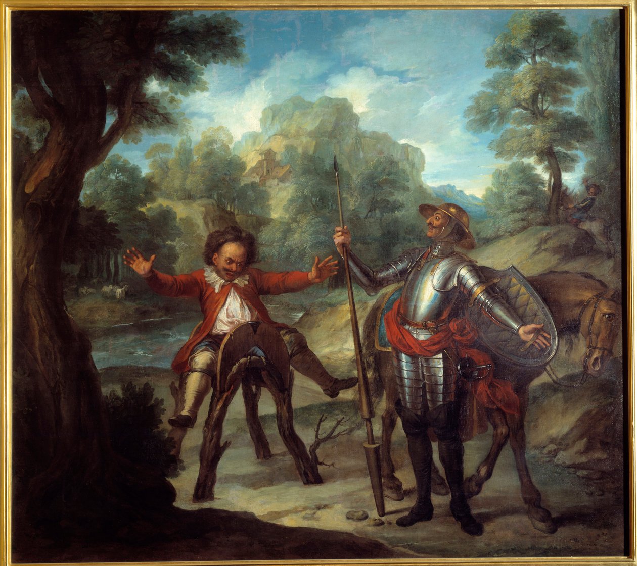 A história de Dom Quixote: Sancho acorda e desespera para não encontrar o seu amado Grison. "O Ingenioso Cavalheiro Dom Quixote de La Mancha" de Miguel de Cervantes Saavedra (1547-1616). Pintura de Charles Antoine Coypel (1694-1752) de Antoine Coypel