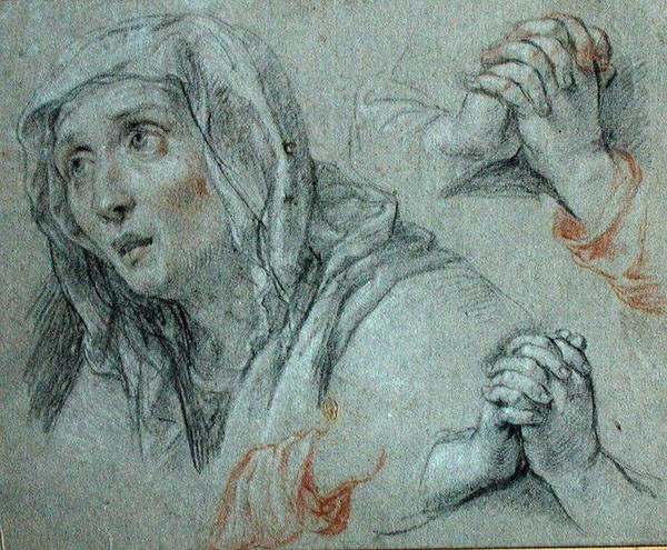 Estudos para a Figura da Virgem, c.1700 (giz preto e vermelho acentuado com branco sobre papel) de Antoine Coypel