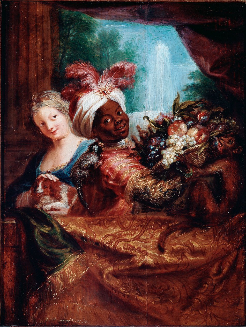 Jovem menina acariciando um cão e criada preta apresentando um cesto de frutas Um macaquinho está deitado no seu ombro. Pintura de Antoine Coypel (1661-1722) Sol. 28x21,5 cm Paris, Musee du Louvre de Antoine Coypel