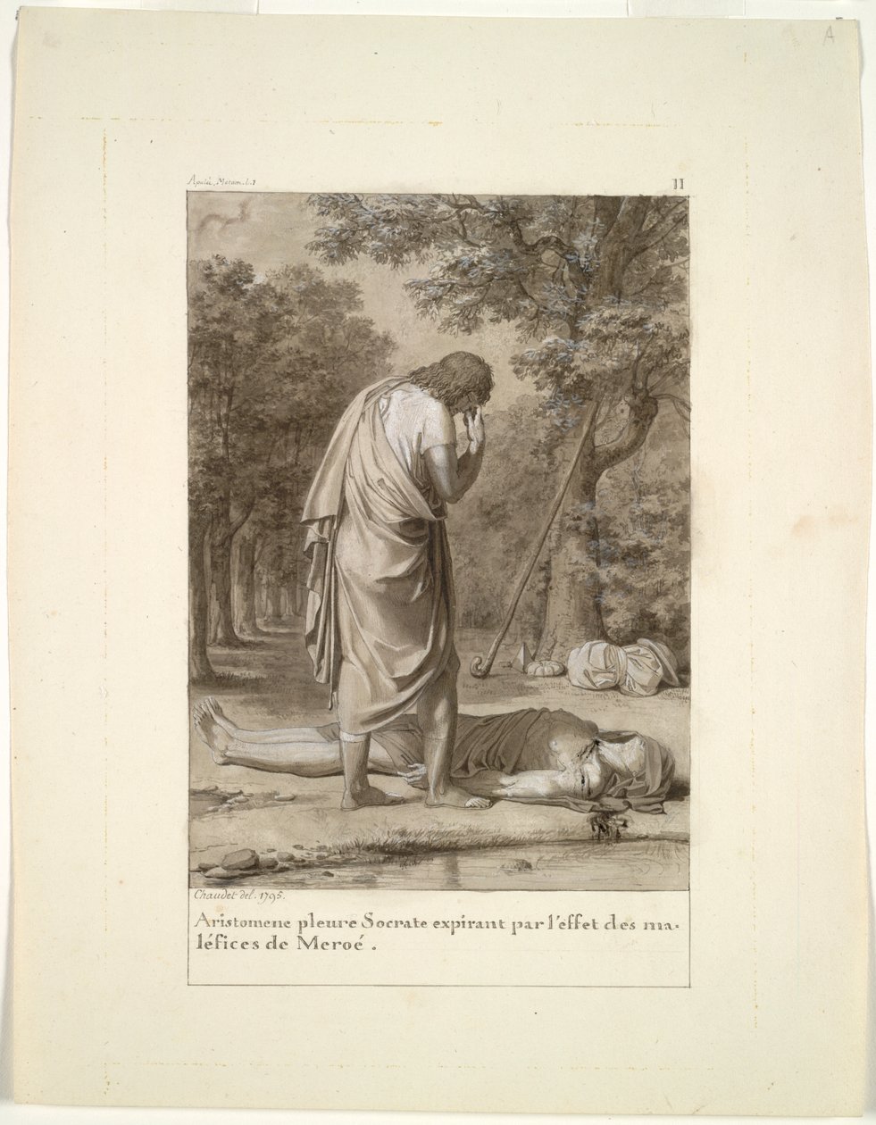 Aristómenes lamentando a morte de Sócrates do Feitiço de Meroë (do Livro 1 de Apuleio, "O Asno de Ouro") de Antoine Denis Chaudet