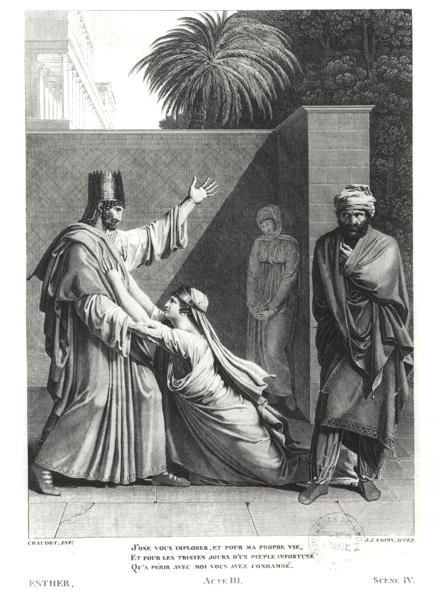 Esther Implorando Assuerus na Presença de Aman, ilustração de Esther por Jean Racine (1639-99) gravada por JJ Coiny (1761-1809) de Antoine Denis Chaudet