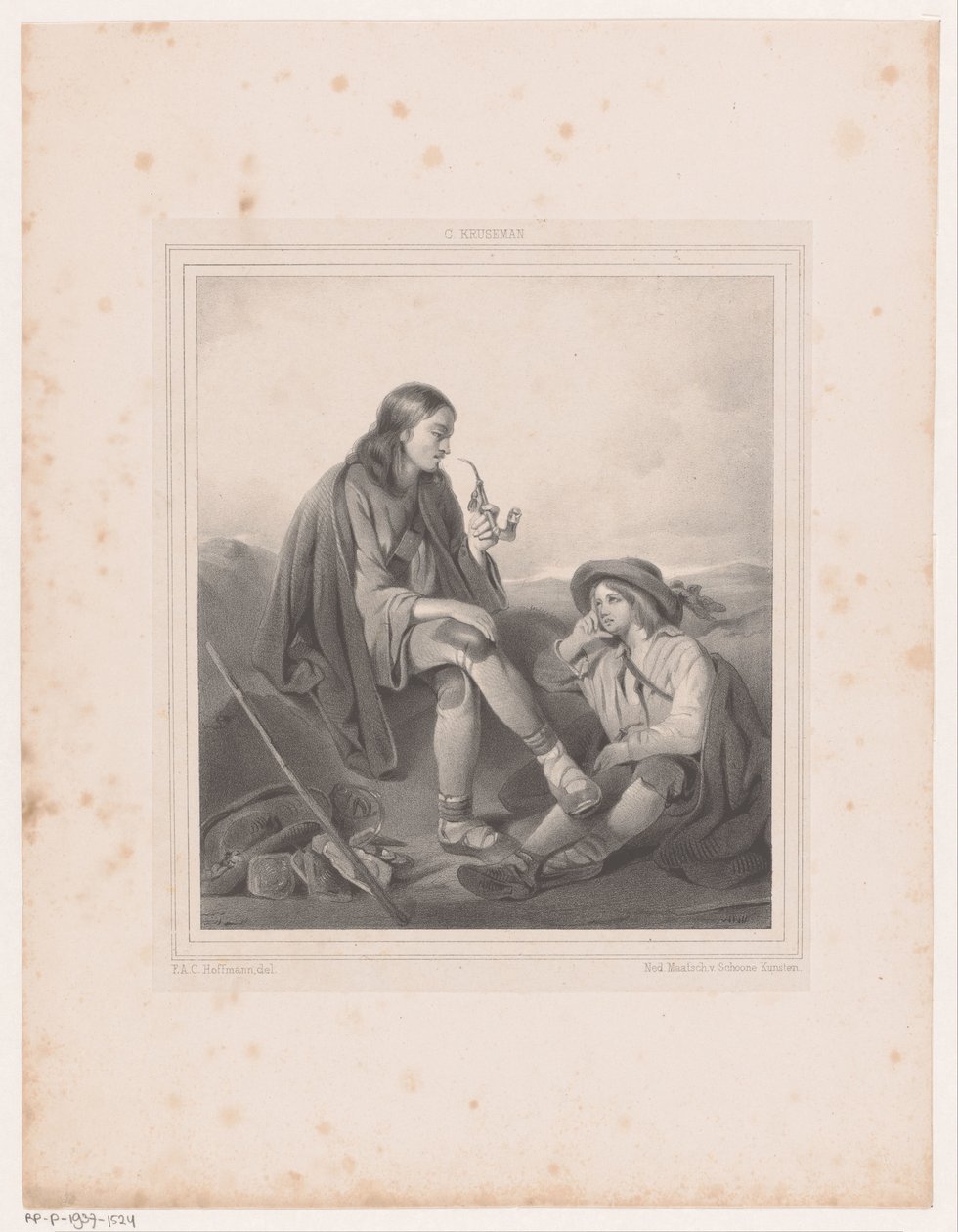 Homem e rapaz fumador de tubos na paisagem de Antoine Franciscus Cornelis Hoffmann