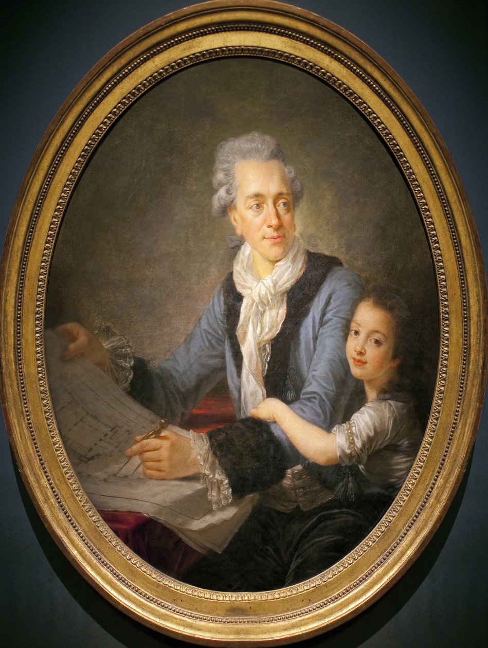 Retrato de Claude Nicolas Ledoux (1736-1806), com sua filha Adelaide. (Ledoux detém os planos da casa do diretor da cidade industrial de Arc et Senans (Franche Comte), o ambicioso programa desta cidade ideal, que permaneceu inacabado, de Antoine François Callet