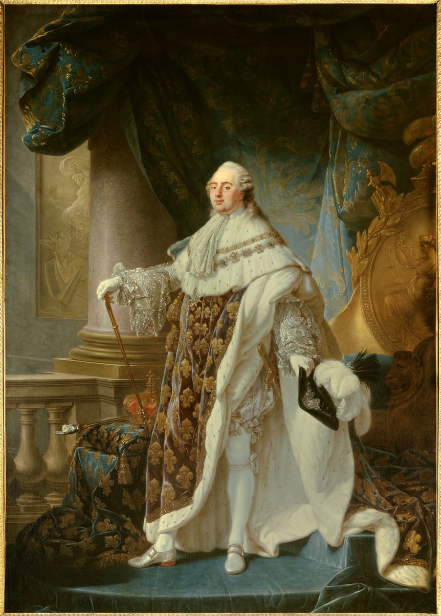 Portrait en pied du roi de France Louis XVI (1754-1793), vestindo o grande traje real em 1779 Pintura de Antoine Francois (Antoine-Francois) Callet (1741-1823) 1779 Dim. 2,7x1,89 m - - Retrato do rei da França Luís XVI (1754-1793), em seu coro de Antoine François Callet
