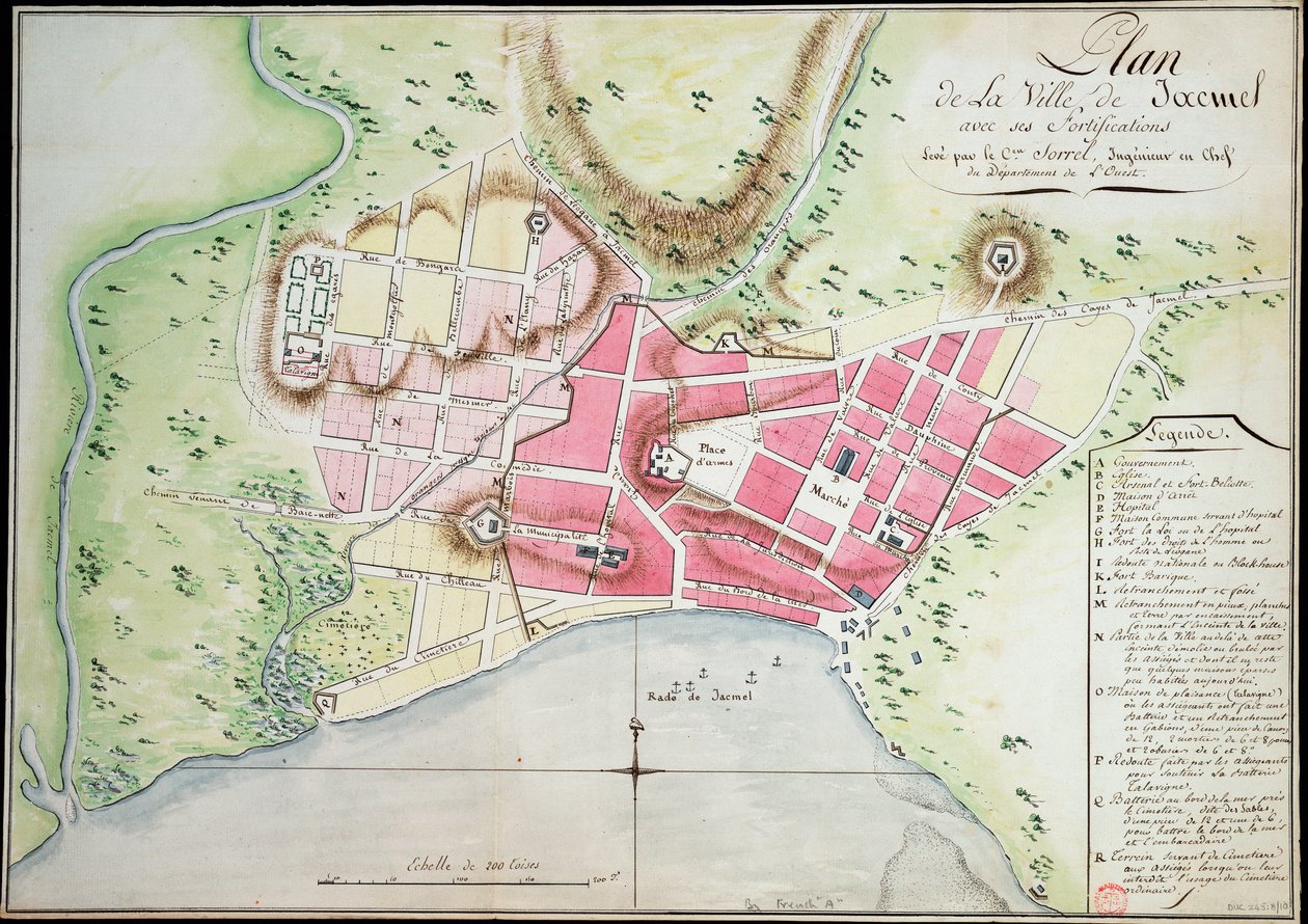 Plano da cidade de Jacmel com fortificações de Antoine François Sorrel des Rivieres