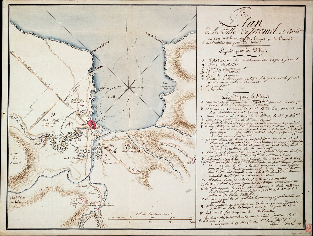 Vizinhança de Jacmel, utilizada para indicar as linhas e posições ocupadas durante o bloqueio e as baterias estabelecidas para construir as defesas sitiadas. de Antoine François Sorrel des Rivieres