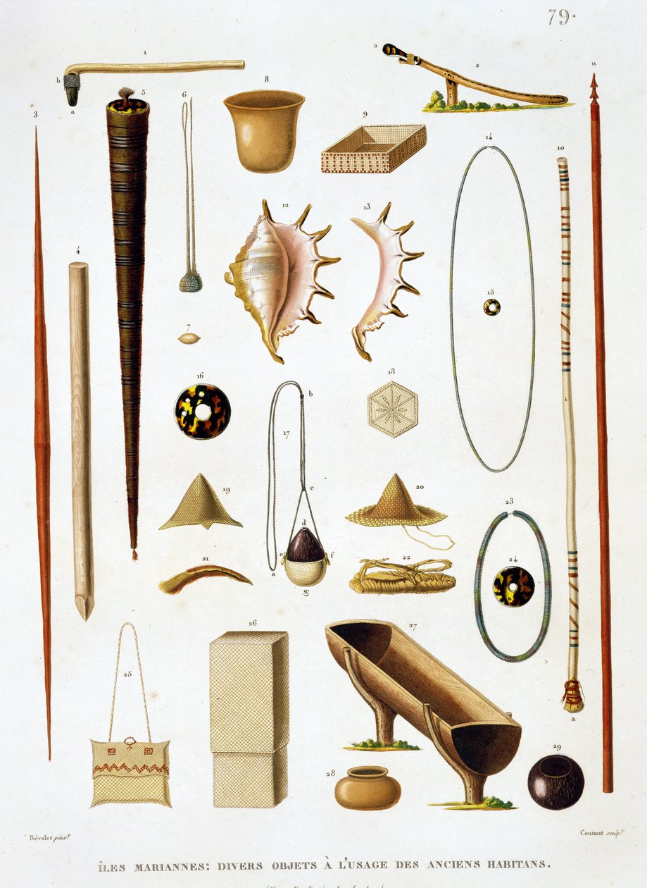 Utensílios domésticos e armas das Ilhas Marianas, da Voyage autour du Monde (1817-20), de Louis Claude Desaulses de Freycinet (1779-1842) gravada por Jean Louis Denis Coutant (1776-1831), p de Antoine Germain Bevalet
