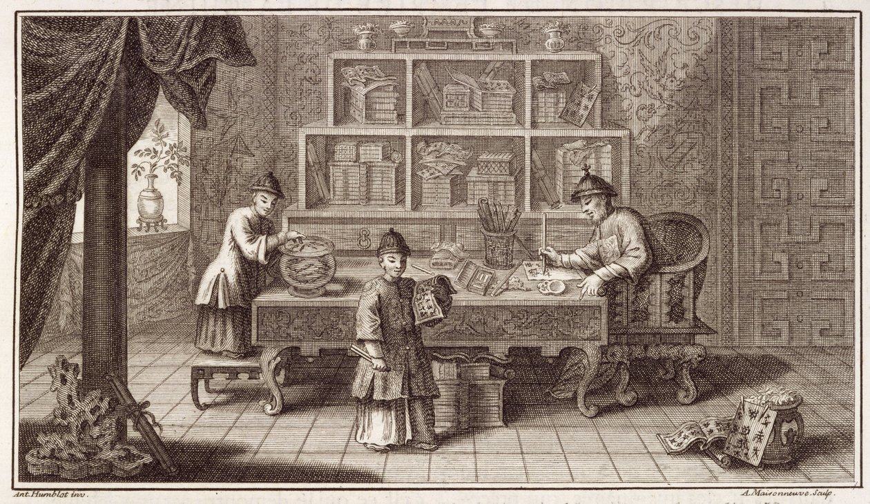 Uma loja de caligrafia chinesa, de uma conta da Embaixada da Holanda na China, gravada por A. Maisonneuve, c.1670s de Antoine Humblot