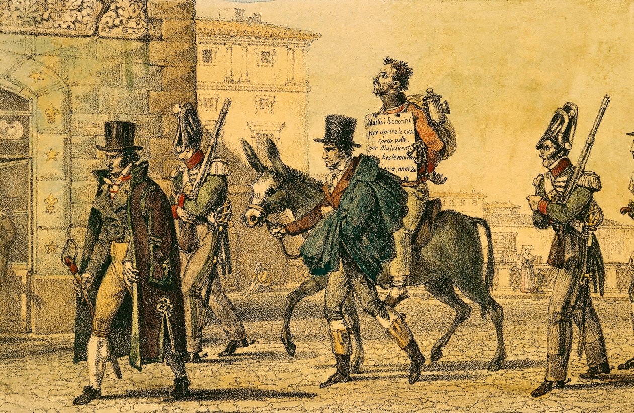 Castigo que envolvia ser conduzido pelas ruas em burro, litografia de Jean-Baptiste-Antoine Thomas (1791-1833) da Un Rome de Antoine Jean Baptiste Thomas