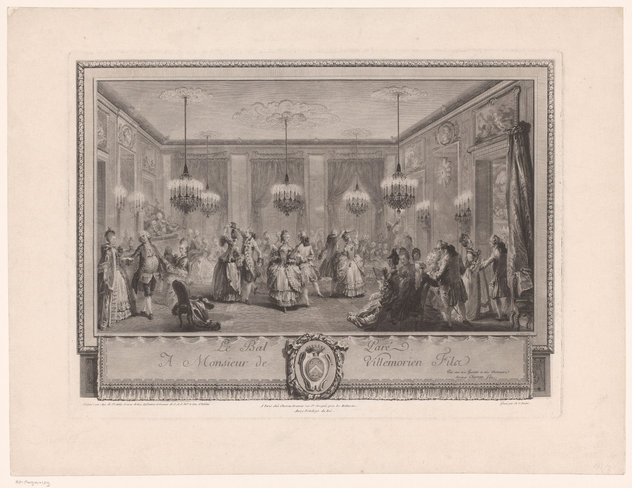 Maria Antonieta: A Rainha da Moda: Baile na Casa de Monsieur de Villemorien Salão de festas com casais dançando Le Bal Pare (título no objeto) de Antoine Jean Duclos