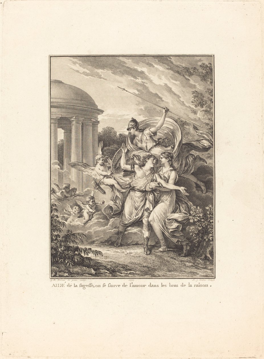 Frontispício: Ajudados pela sabedoria, nos salvamos do amor nos braços da razão de Antoine Jean Duclos after Jean Michel Moreau