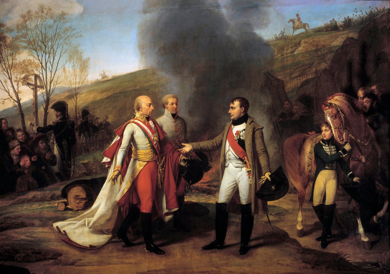 Entrevista de Napoleão I (1769-1821) e François II (1768-1835) em Sarutschitz, na Morávia, após a Batalha de Austerlitz, 4/12/1805 Deixado para trás François II, João I de Liechtenstein (1760-1836). Pintura de Antoine Jean Gros (1771-1835). Século XIX. Dim de Antoine Jean Gros
