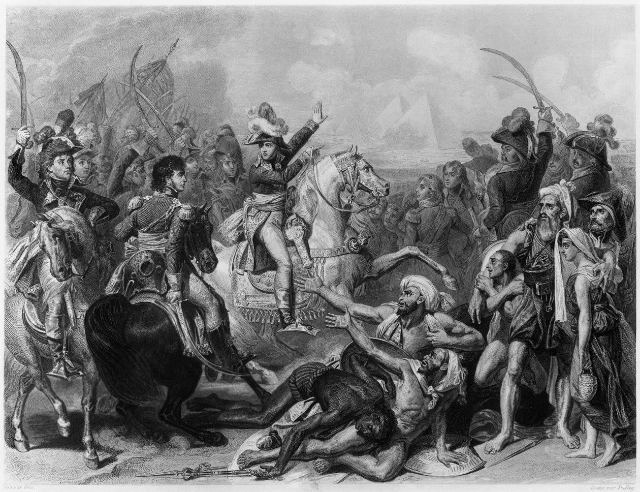 Napoleão Bonaparte na Batalha das Pirâmides, gravada por Jean Jacques Frilley (n.1797) de Antoine Jean Gros