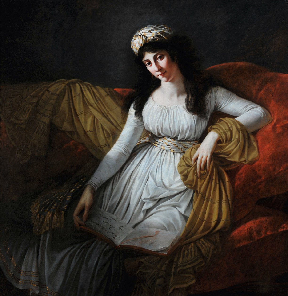 Retrato de Madame Fravega (inscrição no livro "In qual barbaro momento recitativo de D. Cimarosa") (óleo sobre tela) de Antoine Jean Gros