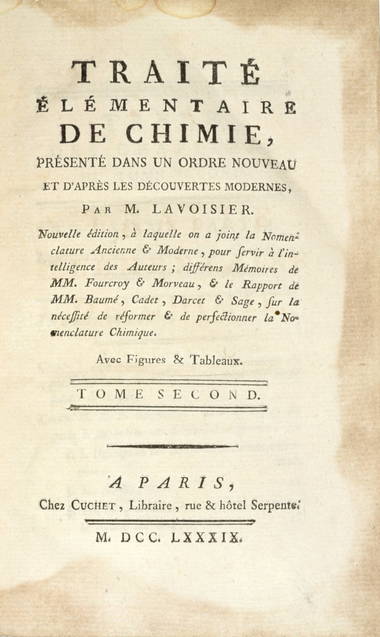 Título do Tratado Elementar de Química, Volume II, publicado em Paris, 1789 (impresso) de Antoine Laurent de Lavoisier